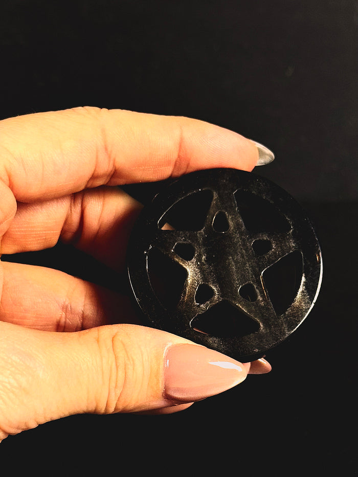 Silver Sheen Obsidian Pentacle Carving