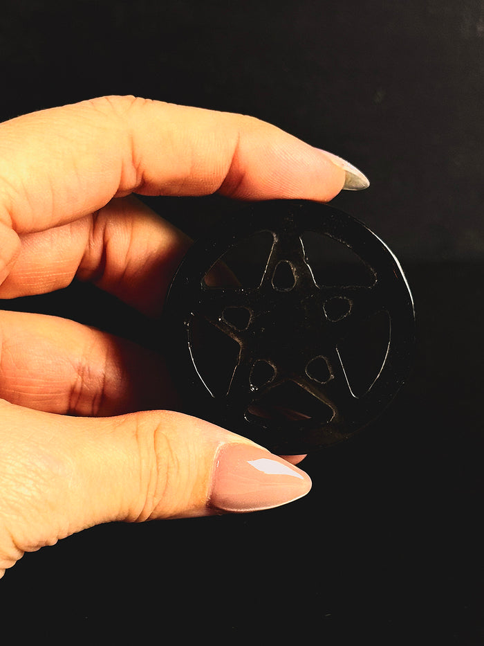 Silver Sheen Obsidian Pentacle Carving